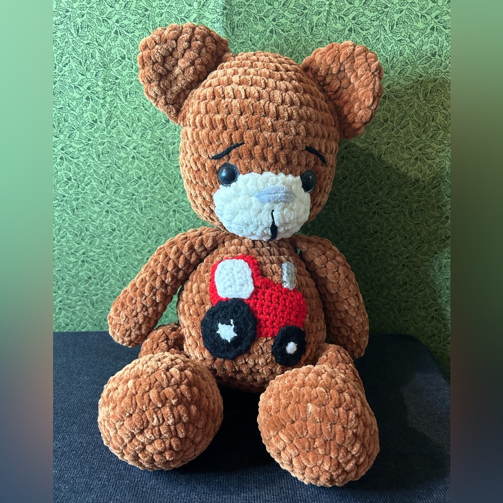 Crochet Teddy Bear 18” Handmade Brown Teddy Bear With A Tractor , Chenille Soft